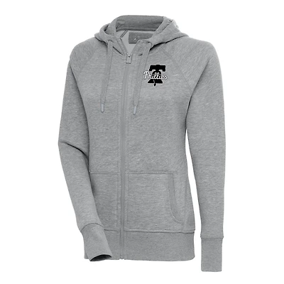 Sweat à capuche entièrement zippé en métal brossé Antigua Heather Grey Philadelphia Phillies pour femme