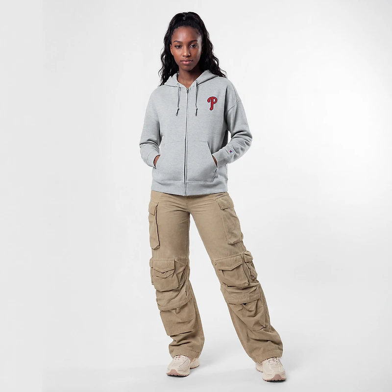 Women's Champion Heather Gray Philadelphia Phillies Powerblend Fleece Full-Zip Hoodie