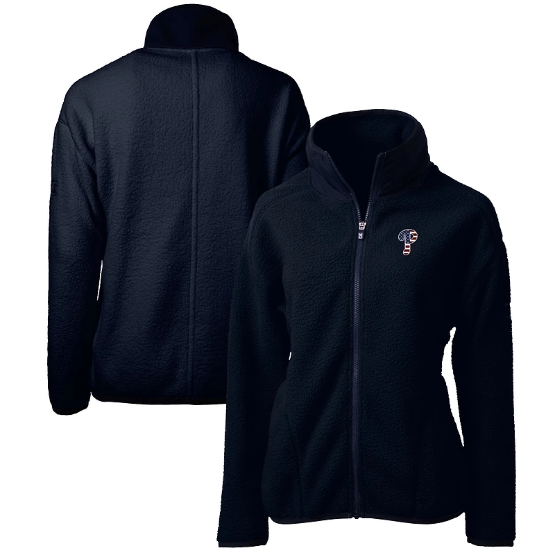 Veste polaire zippée intégrale en sherpa écologique Cascade pour femme Cutter & Buck bleu marine avec logo Americana des Phillies de Philadelphie