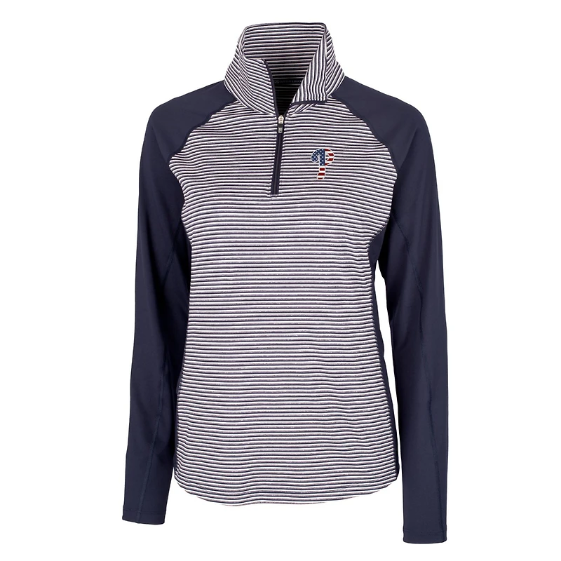 Pull-over extensible demi-zippé à rayures ton sur avec logo Americana des Philadelphia Phillies pour femme, bleu marine Cutter & Buck