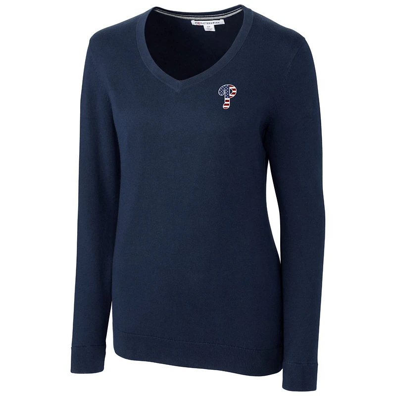 Pull-over à col en V mélange de trois matières, bleu marine, orné du logo Americana des Phillies Philadelphie la marque Cutter & Buck pour femme