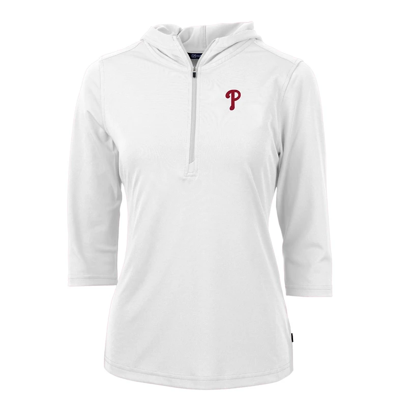 Sweat à capuche demi-zippé manches 3/4 et col rond pour femme, blanc, des Philadelphia Phillies, Cutter & Buck