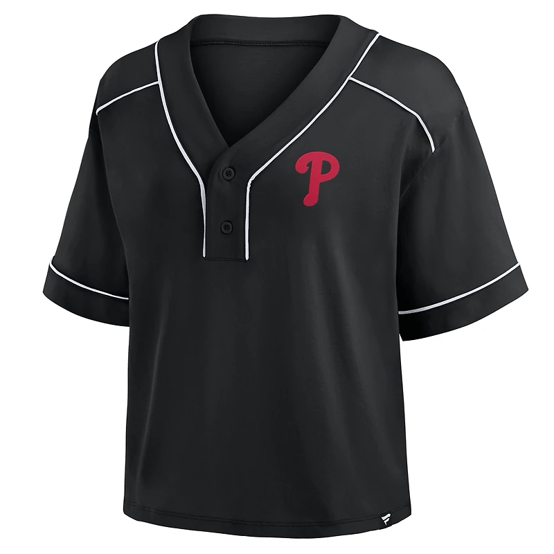 T-shirt court à col en V surdimensionné noir des Phillies de Philadelphie pour femme