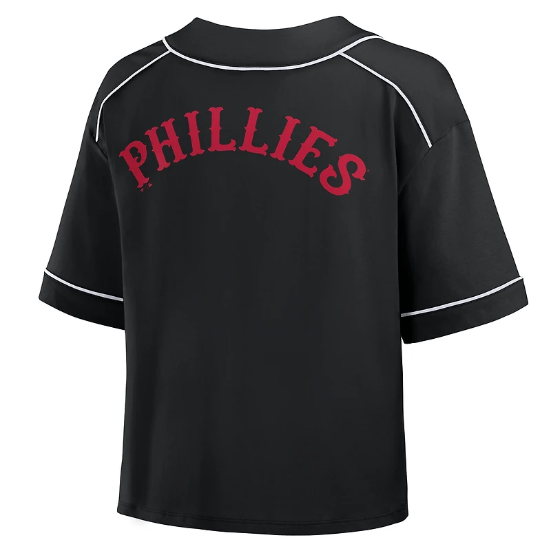 T-shirt court à col en V surdimensionné noir des Phillies de Philadelphie pour femme