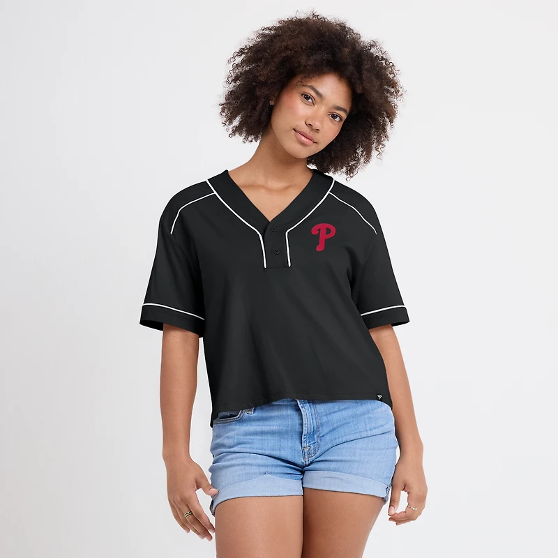 Women's Fanatics Black Philadelphia Phillies Oversized Champ Game Cropped V-Neck T-Shirt