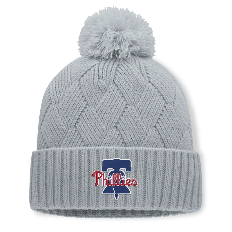 Bonnet tricoté gris Philadelphia Phillies pour femme, avec pompon, de la marque Fanatics.
