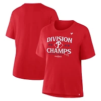 T-shirt rouge Fanatics pour femmes, champions de la division Est Ligue nationale 2025 des Phillies Philadelphie, taille plus, vestiaires