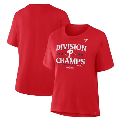 T-shirt rouge Fanatics pour femmes, champions de la division Est Ligue nationale 2025 des Phillies Philadelphie, taille plus, vestiaires
