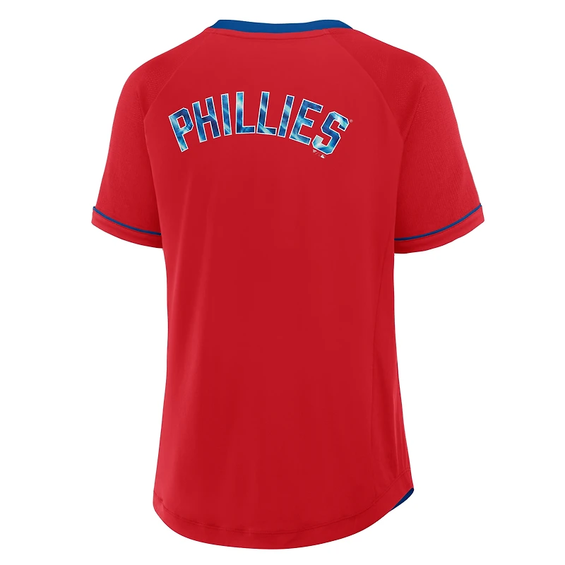 T-shirt à col en V raglan rouge pour femme avec logo de la ligue des Philadelphia Phillies Diva Star