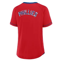 T-shirt à col en V raglan rouge pour femme avec logo de la ligue des Philadelphia Phillies Diva Star