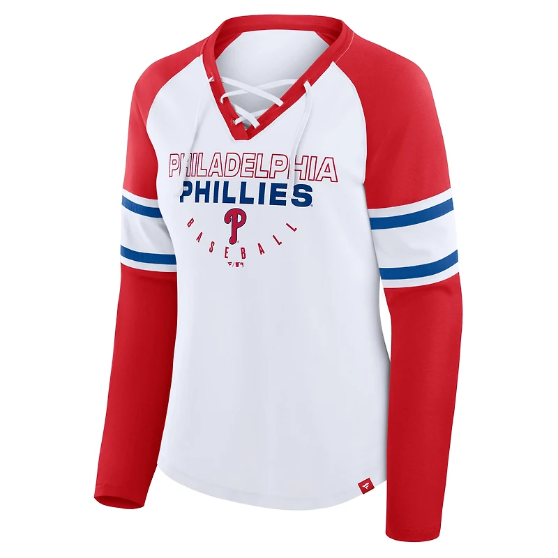 Women's Fanatics White/Red Philadelphia Phillies Blitz Package Raglan Lace-Up V-Neck Long Sleeve T-Shirt