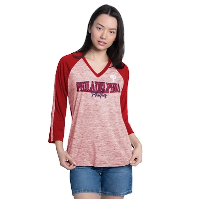 Women's G-III 4Her by Carl Banks Red/Heather Red Philadelphia Phillies Speed Training 3/4-Sleeve Rhinestone V-Neck T-Shirt