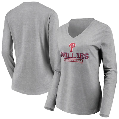 T-shirt gris à manches longues et col en V pour femme, motif Evanston Stencil des Philadelphia Phillies