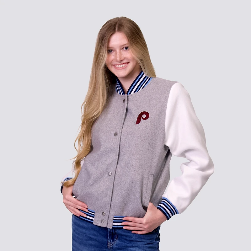 Women's Lusso  Gray Philadelphia Phillies Celine Full-Snap Varsity Jacket