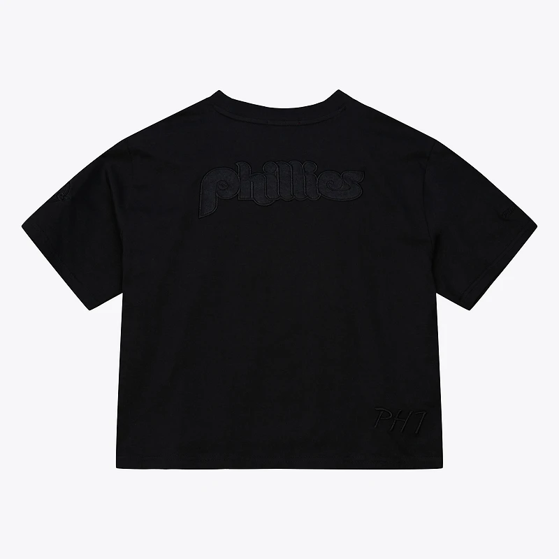 Women's Mitchell & Ness Black Philadelphia Phillies Cooperstown Collection Phantom Cropped T-Shirt
