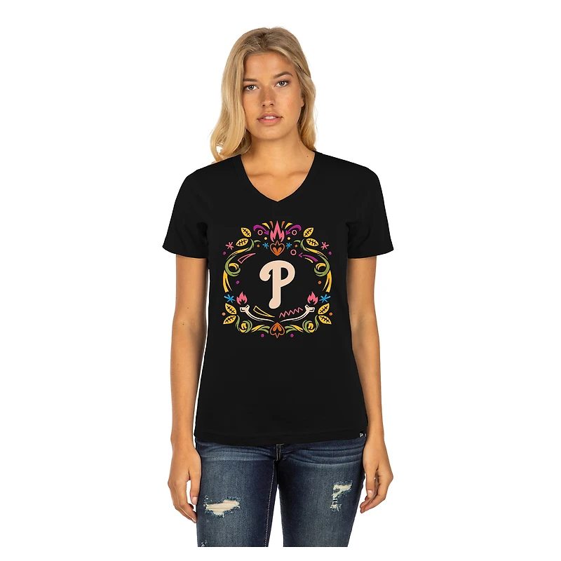 Women's New Era Black Philadelphia Phillies Día de los Muertos V-Neck T-Shirt