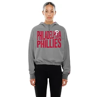 Sweat à capuche court bandes et fermeture éclair quart de tour New Era gris chiné pour femme des Philadelphia Phillies
