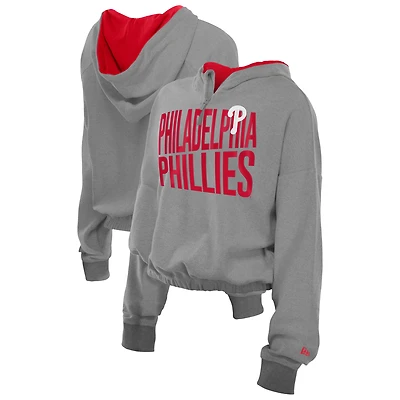 Women's New Era  Heather Gray Philadelphia Phillies Reversed Out French Terry Quarter-Zip Banded Crop Hoodie
