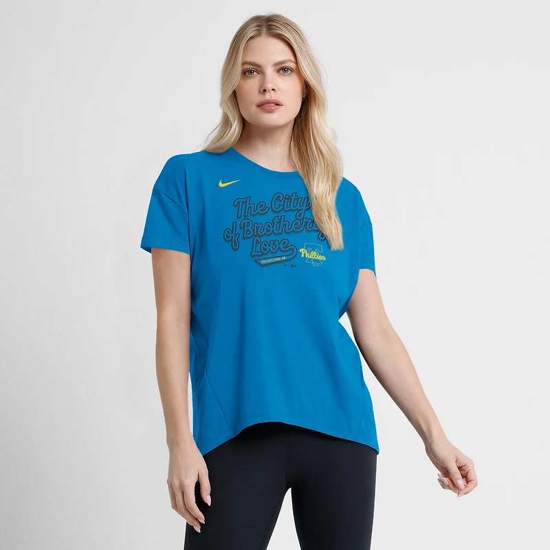 T-shirt Nike bleu pour femme City Connect 2025 des Philadelphia Phillies, fluide et tendance, en tri-mélange Dri-FIT