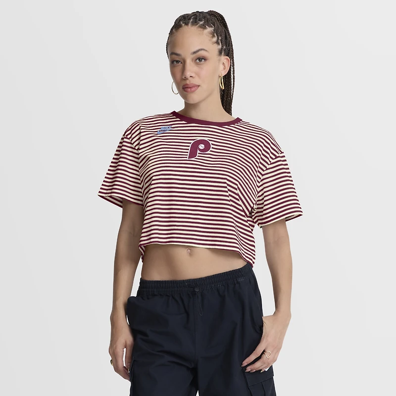 T-shirt court rayé Nike bordeaux/crème Philadelphia Phillies Collection Cooperstown pour femme
