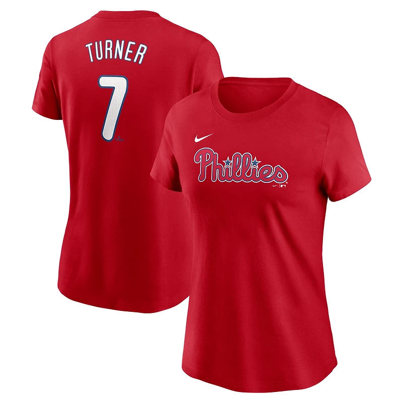 T-shirt Nike Trea Turner rouge Philadelphia Phillies Cooperstown Collection Fuse avec nom et numéro pour femme