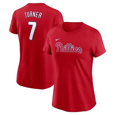 T-shirt Nike Trea Turner rouge Philadelphia Phillies Cooperstown Collection Fuse avec nom et numéro pour femme