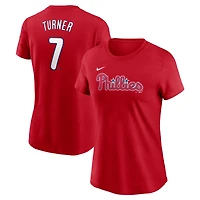 T-shirt Nike Trea Turner rouge Philadelphia Phillies Cooperstown Collection Fuse avec nom et numéro pour femme