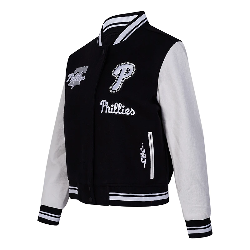 Women's Pro Standard Black Philadelphia Phillies Pearls Rib Wool Full-Zip Varsity Jacket