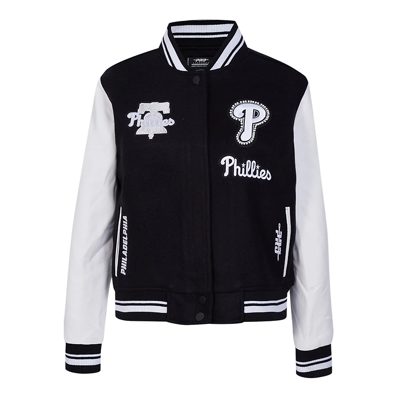 Women's Pro Standard Black Philadelphia Phillies Pearls Rib Wool Full-Zip Varsity Jacket
