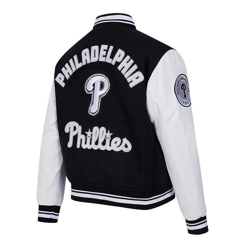 Women's Pro Standard Black Philadelphia Phillies Pearls Rib Wool Full-Zip Varsity Jacket