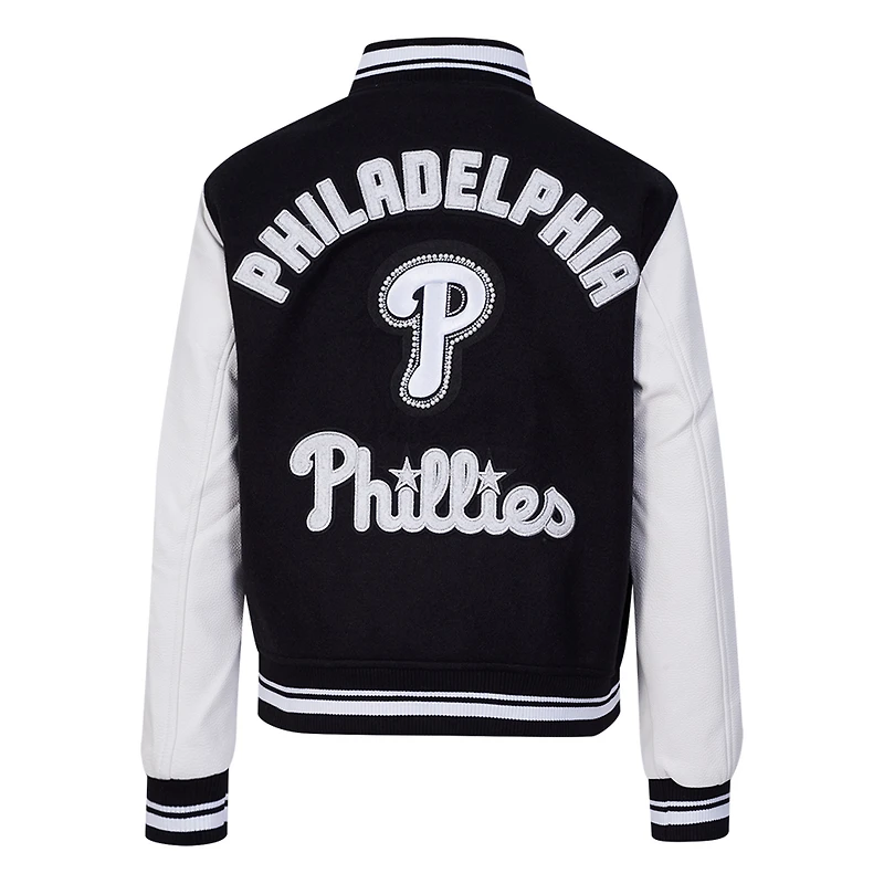 Women's Pro Standard Black Philadelphia Phillies Pearls Rib Wool Full-Zip Varsity Jacket