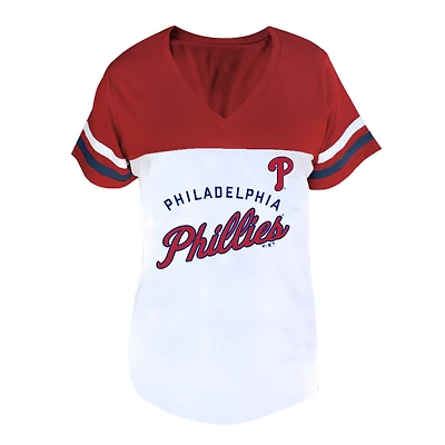 Profil femme T-shirt à col en V deux bandes blanches et rouges Philadelphia Phillies, grande taille