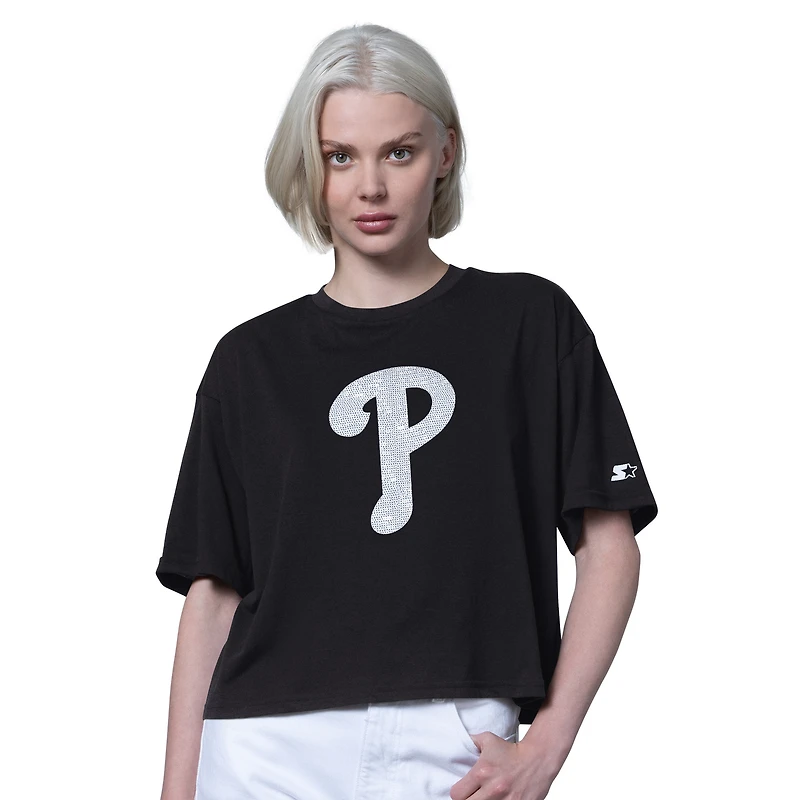 Women's Starter Black Philadelphia Phillies Holy Grail Boxy Cropped T-Shirt