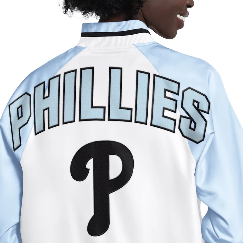 Veste universitaire raglan à boutons-pression en satin Starter bleu clair/blanc Philadelphia Phillies Blitz pour femme