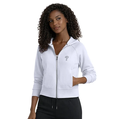 Sweat à capuche zippé court en polaire bleu pastel pour femme, modèle Starter Philadelphia Phillies.
