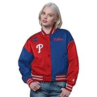 Veste universitaire Starter rouge/bleu roi pour femme, modèle Offside des Phillies de Philadelphie, à boutons-pression.