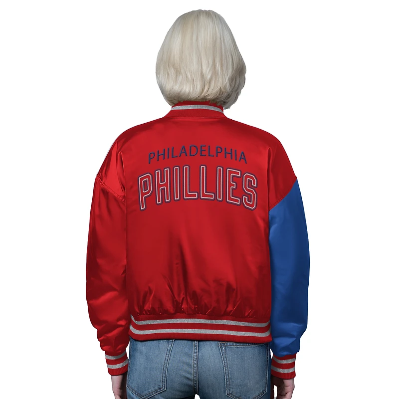 Veste universitaire Starter rouge/bleu roi pour femme, modèle Offside des Phillies de Philadelphie, à boutons-pression.