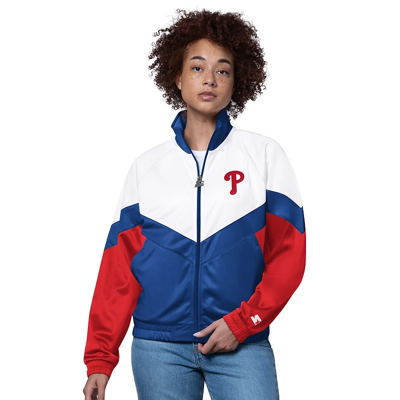 Veste de survêtement Starter blanche/bleu roi pour femme, modèle Teamwork des Phillies Philadelphie, à fermeture éclair intégrale et manches raglan.