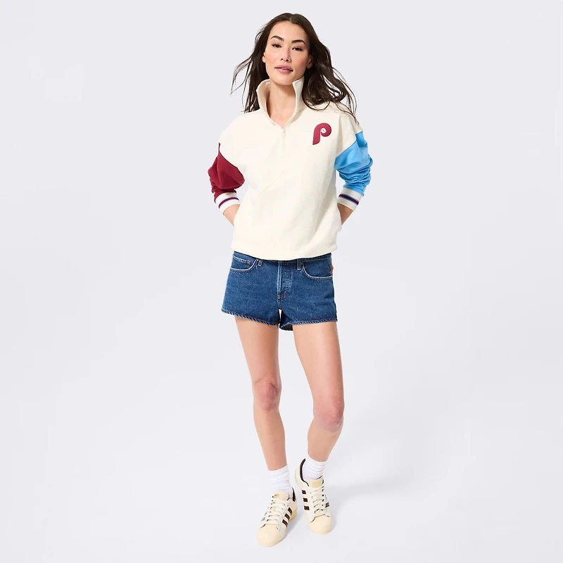 Women's Terez Cream Philadelphia Phillies Colorblock Quarter-Zip Pullover