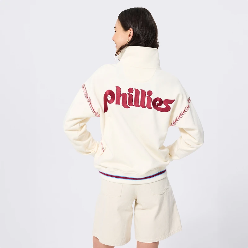 Pull à col zippé Terez blanc pour femme, motif baseball des Phillies de Philadelphie.