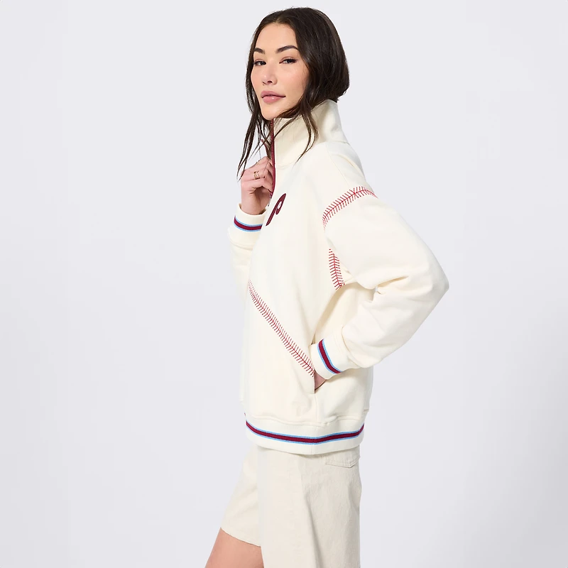 Pull à col zippé Terez blanc pour femme, motif baseball des Phillies de Philadelphie.