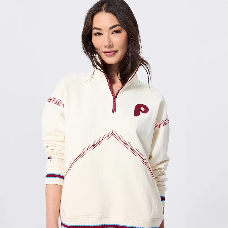 Women's Terez White Philadelphia Phillies Baseball Stitch Quarter-Zip Pullover
