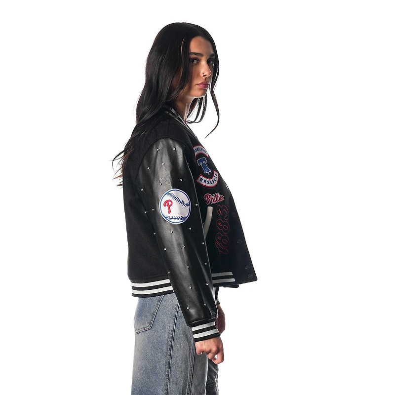Veste universitaire noire à boutons-pression pour femme The Wild Collective Philadelphia Phillies