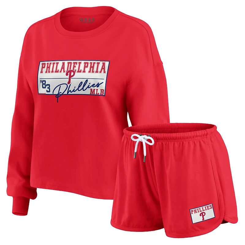 Women's WEAR by Erin Andrews Red Philadelphia Phillies Heavy Rugby Jersey Cropped Long Sleeve T-Shirt & Shorts Lounge Set