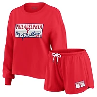 Women's WEAR by Erin Andrews Red Philadelphia Phillies Heavy Rugby Jersey Cropped Long Sleeve T-Shirt & Shorts Lounge Set