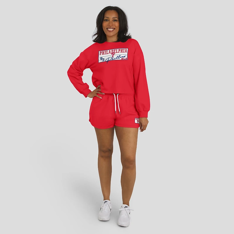 Women's WEAR by Erin Andrews Red Philadelphia Phillies Heavy Rugby Jersey Cropped Long Sleeve T-Shirt & Shorts Lounge Set