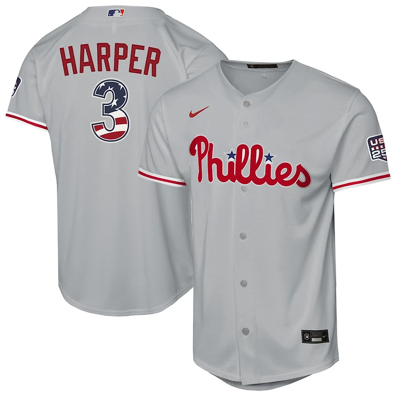 Youth Nike Bryce Harper Gray Philadelphia Phillies USA 250 Fourth of July Road Replica Jersey