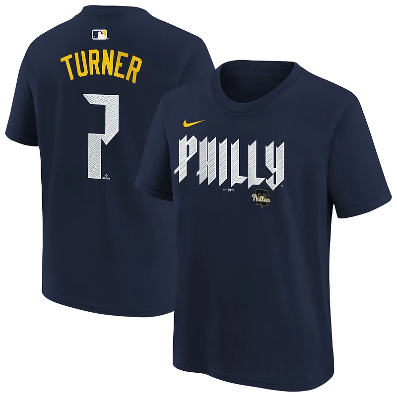 T-shirt Nike pour enfant Trea Turner bleu marine Philadelphia Phillies City Connect avec nom et numéro