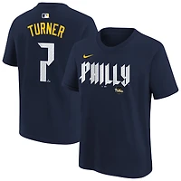 T-shirt Nike pour enfant Trea Turner bleu marine Philadelphia Phillies City Connect avec nom et numéro
