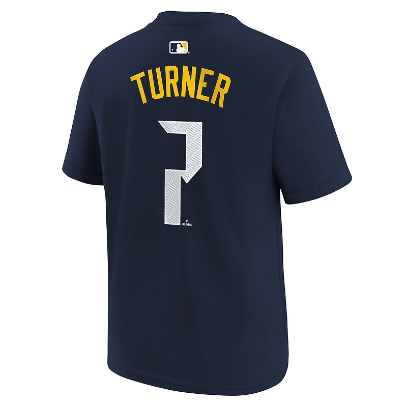 T-shirt Nike pour enfant Trea Turner bleu marine Philadelphia Phillies City Connect avec nom et numéro